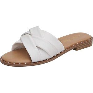 🆕Women’s White Polyurethane Slip-On Studded Flat Sandals Cute Casual Slides